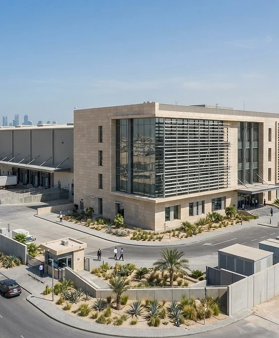 Modern Qatar commercial development with solar shading and efficient building envelope